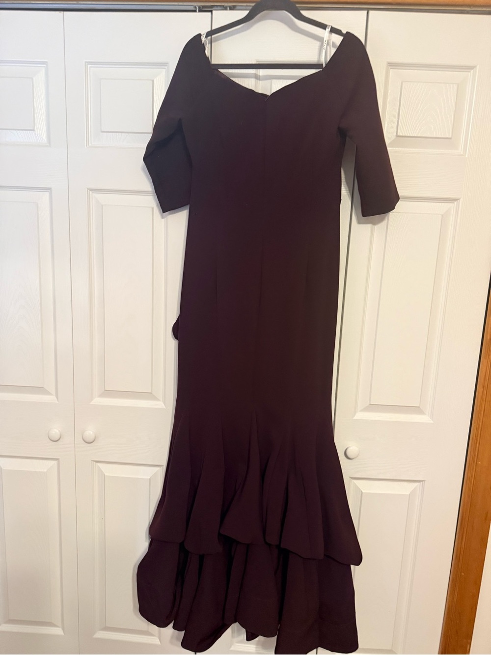 Jovani Wine Off-Shoulder Mermaid Gown with Tiered Ruffle Hem